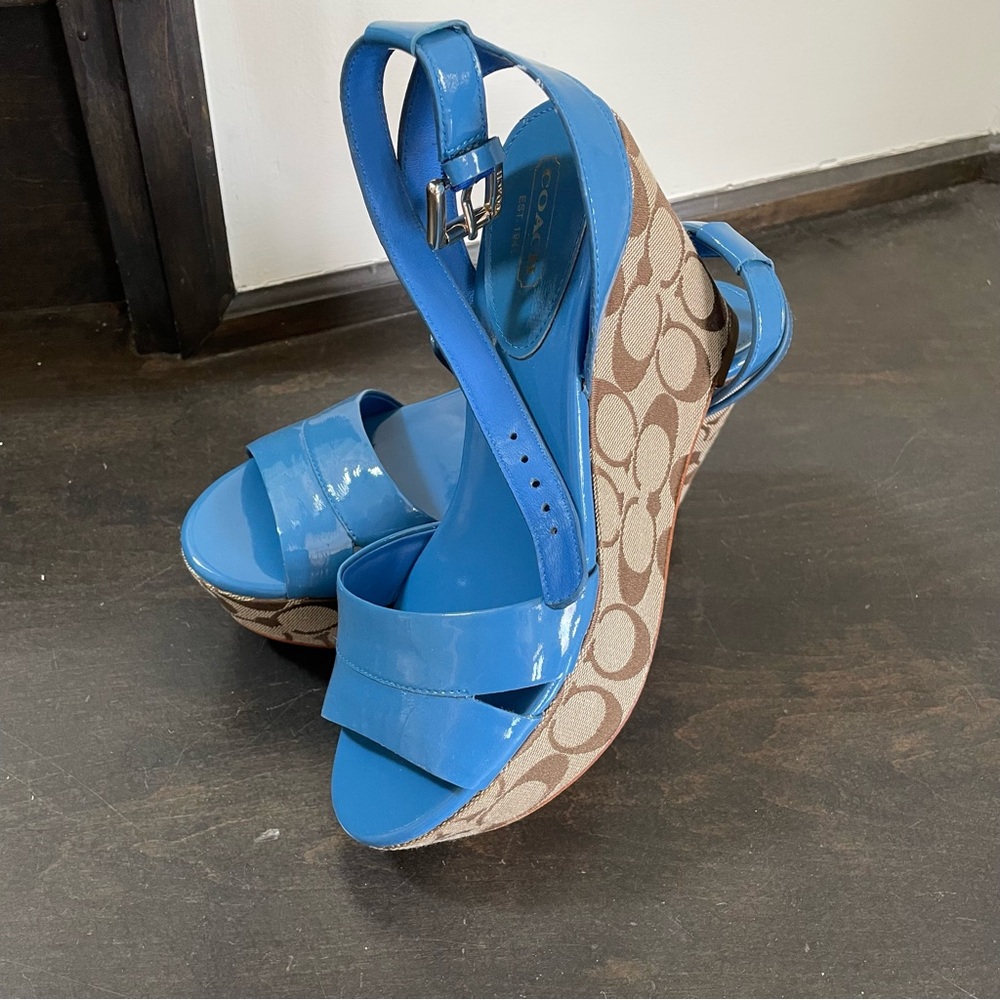 Coach Blue and Tan logo Wedge Sandals
